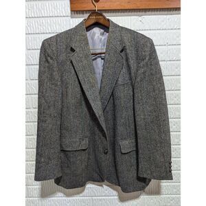 Charing Cross Men's Black & Gray Herringbone Long-Sleeve Tweed Blazer Jacket Siz